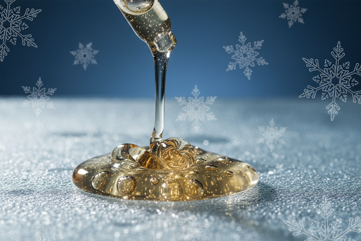 panthenol als zutat realistisch dramatisch pur mit fokus auf konsistenz farbe mit dezentem motif first snow