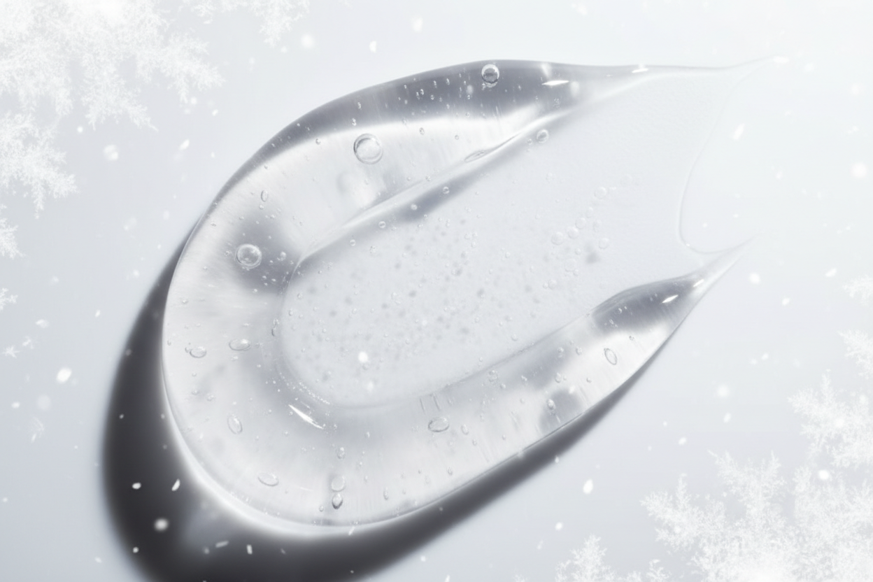 hyaloronsäure dramatisch realistisch als zutat mit fokus auf konsistenz und farbe mit dezentem motif first snow