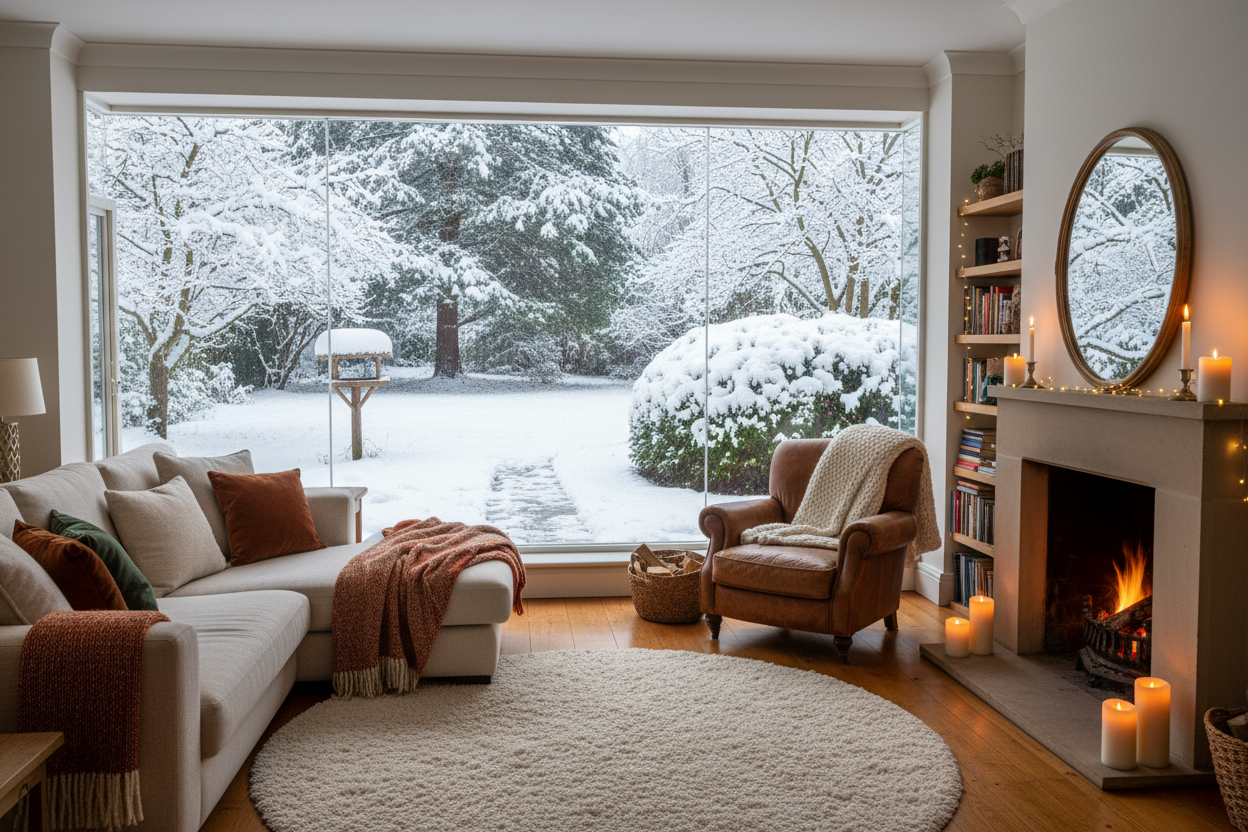 im wohnzimmer, draußen ein verschneiter garten den man durch ein fenster sieht. alles innen gemütlich und warm