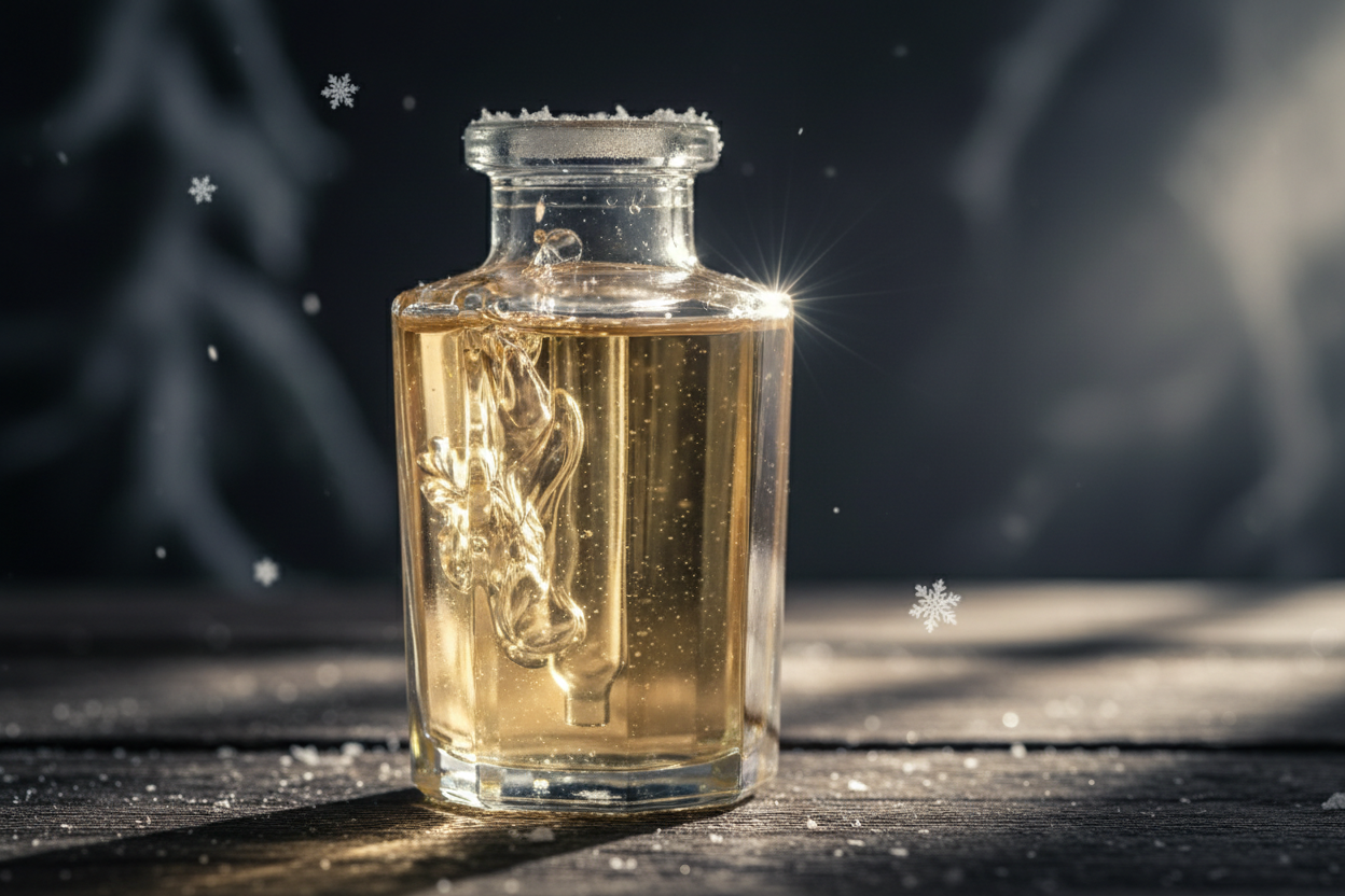 mandelöl als zutat realistisch dramatisch mit fokus auf konsistenz mit motif first snow im glas