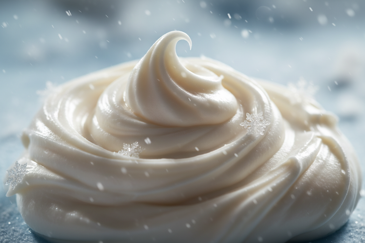 Murumuru-Butter (Astrocaryum Murumuru Seed Butter) als zutat realistisch dramatisch mit fokus auf konsistenz mit motif first snow