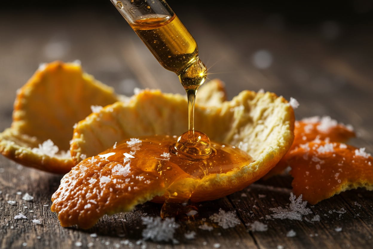 Natürliche ätherische Öle (z. B. Citrus Aurantium Dulcis Peel Oil) als zutat realistisch dramatisch und mit fokus auf konsistenz haptik und farbe und mit motif first snow