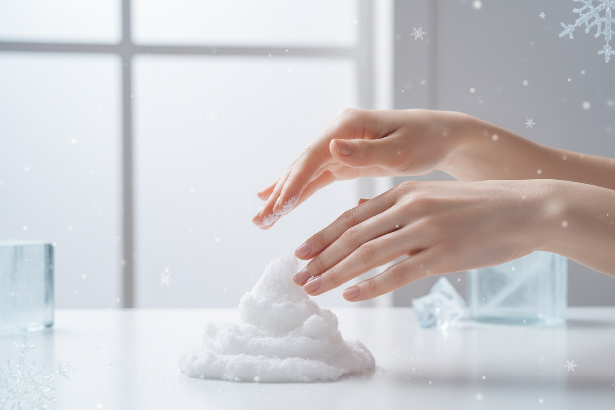 nice background. can you relate to a ritual to apply cream to the skin. theme is snow like consistency and on the skin absorbed 